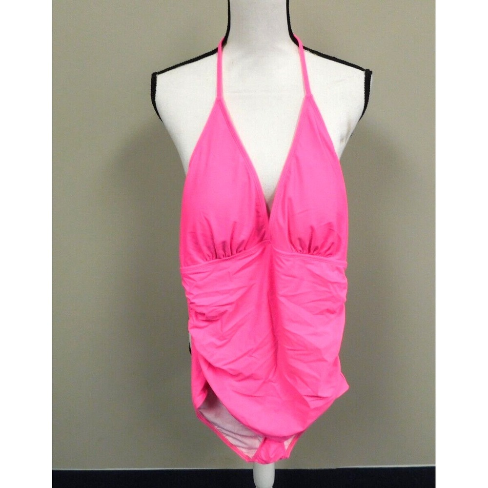 Holipick One‎ Piece Swimsuit Halter V-Neck Tummy Control Ruched Side   Large